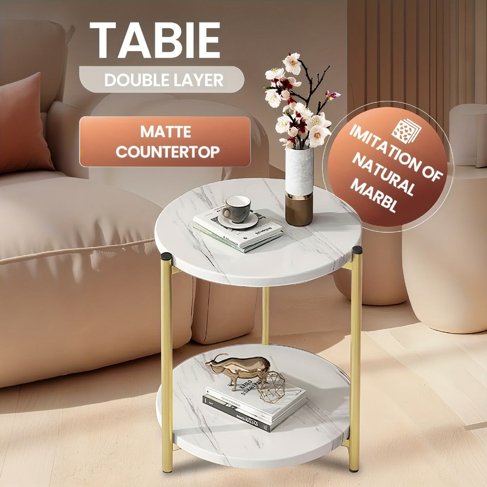 Round Coffee Table with Marble Pattern & Double-Layer Storage, Modern Glass Top Accent Table in White and Gold for Living Room or Bedroom