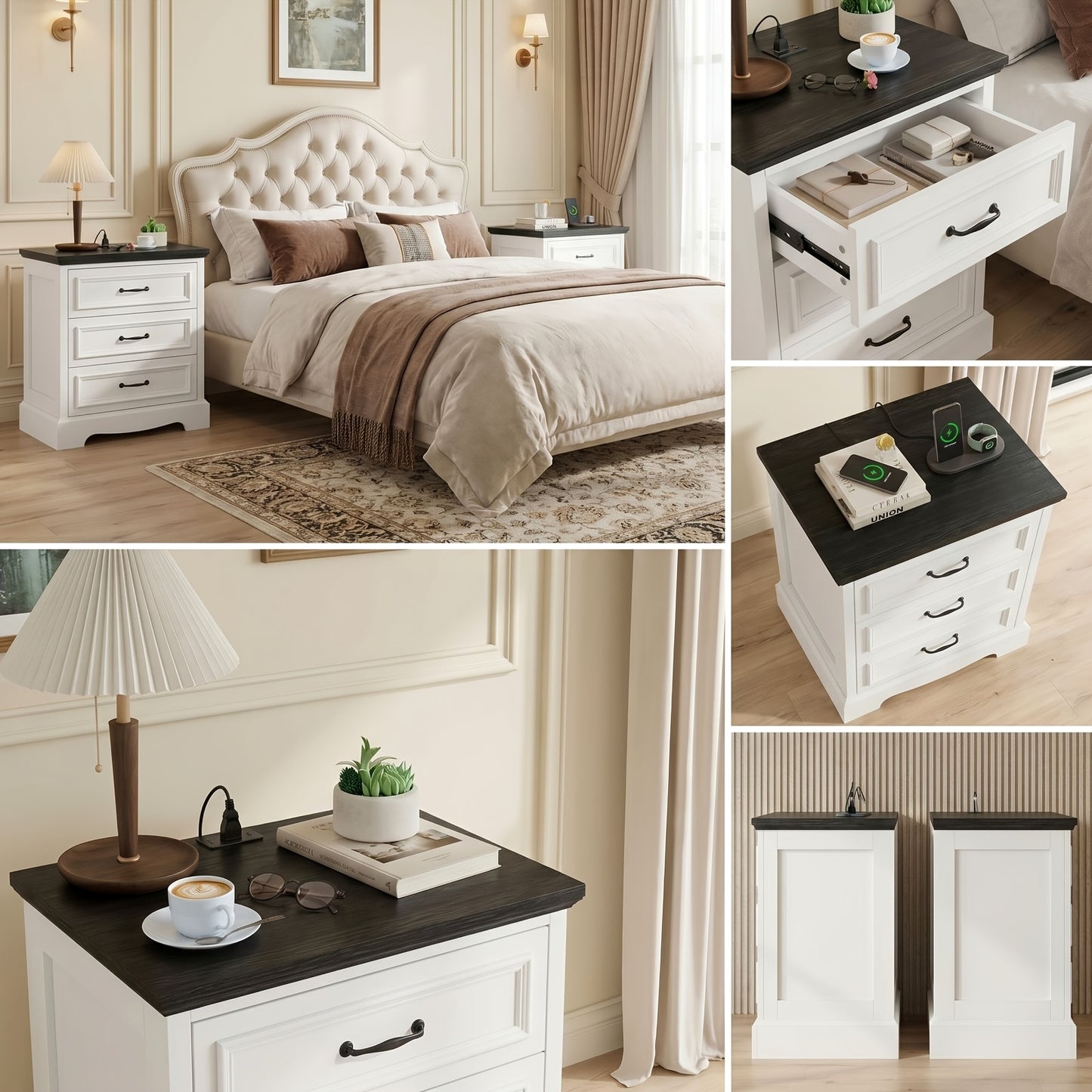 [Nightstand with Charging] Farmhouse Nightstand with Charging Station, White Bedside Table with 3 Drawers, Modern Side End Table for Bedroom, Living Room