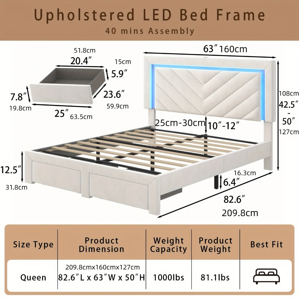 Upholstered Platform Bed Frame with LED Adjustable Headboard, Storage Drawers and Charging Station, No Box Spring Needed, Noise Free, Twin Full Queen, Off White Grey