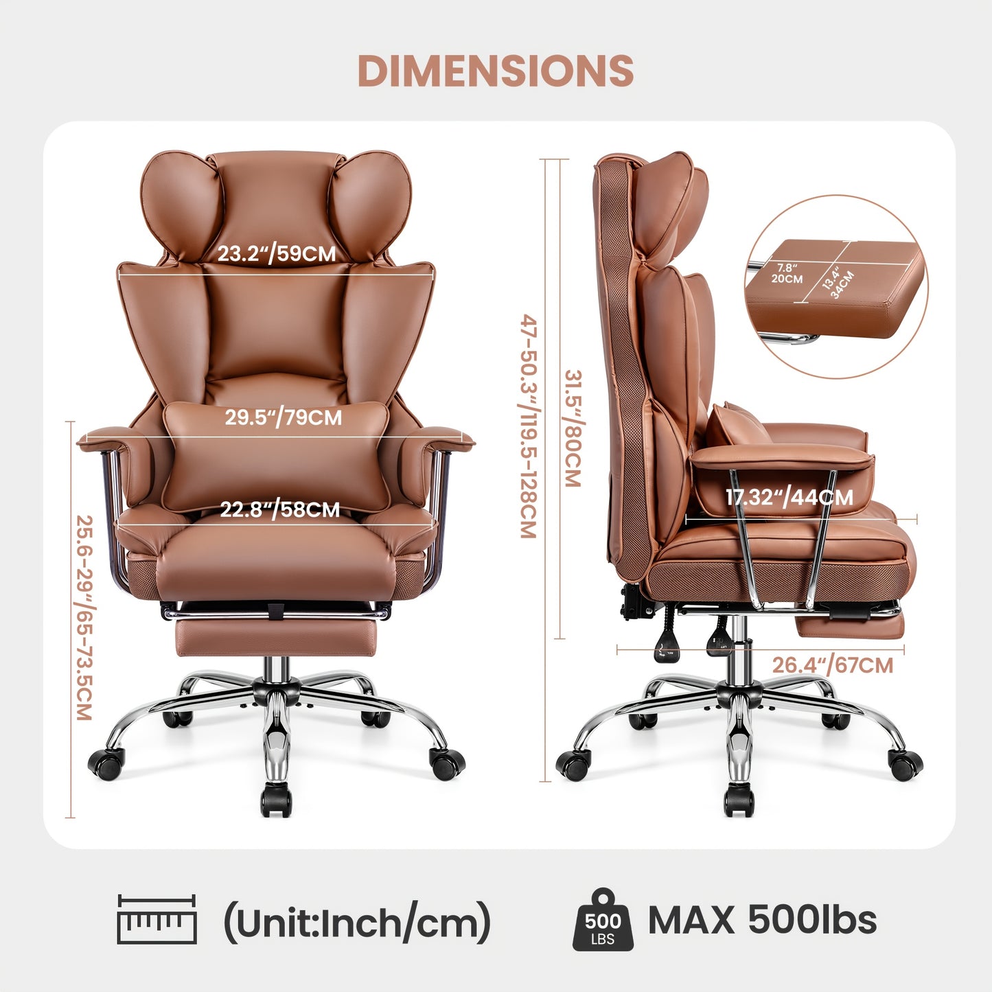 KERDOM Big & Tall Executive Office Chair with Footrest - Heavy Duty 500lbs Capacity Ergonomic High Back Reclining Chair, Adjustable Height, Lumbar Support & Manual Recline, Heavy-Duty Swivel Computer Desk Chair with Soft Cushioned & Backrest for Hom