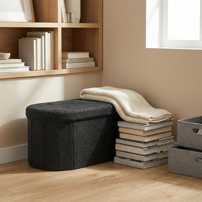 Folding Storage Ottoman Bench, 30/43 Inches Oval Round Foot Rest Stool, Cushioned Seat with Storage Chest, 250 Lb Capacity for Living Room