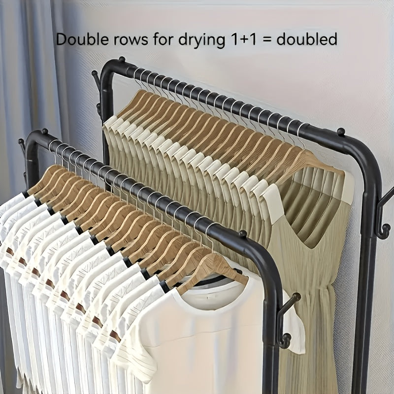 Upgraded Garment Rack with Double Metal Rods, Clothing Rack Heavy Duty Clothing Racks for Hanging Clothes, Steel-Plastic Dual-Rod Black Hanger, Freestanding Wardrobe Closet Rack, for Bedroom