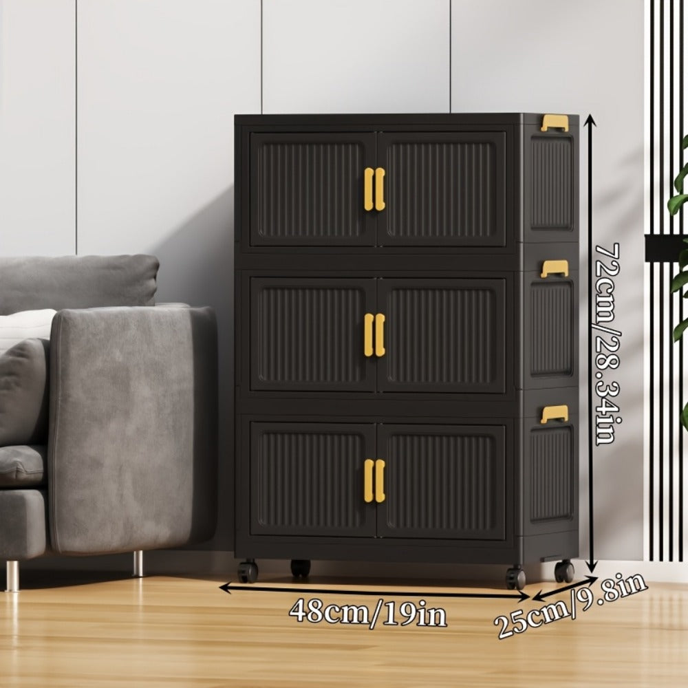 Foldable Storage Cabinet 3/4/5 Tier Stackable Plastic Boxes with Lids & Casters, Portable Modular Wardrobe Organizer for Bedroom Kitchen Living Room Entryway