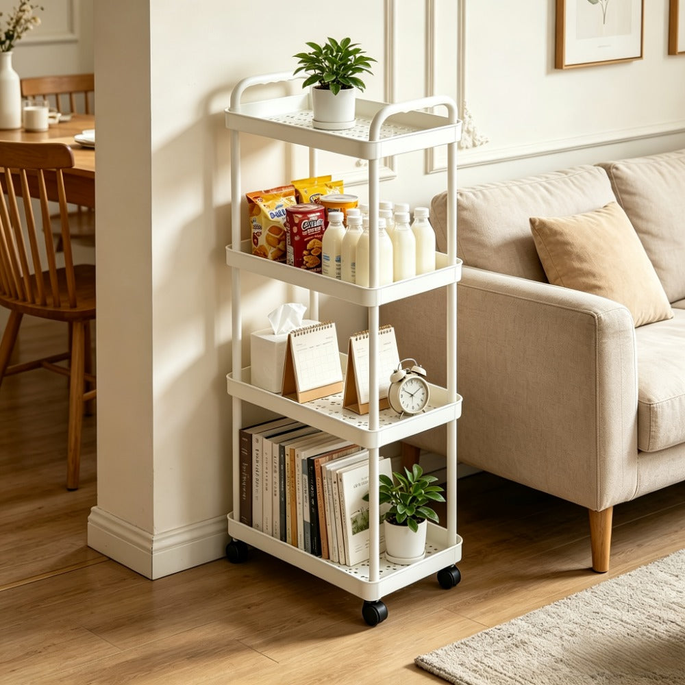 4 or 5-Tier Rolling Storage Trolley Rack – Movable Multi-Layer Floor Organizer for Bathroom, Kitchen & Toilet, White or Black