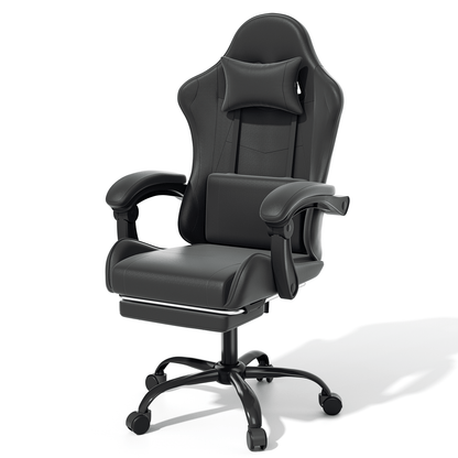 Ergonomic Gaming Chair with Retractable Footrest & Detachable Lumbar Support 360 Degree Swivel Racing Style PU Leather Computer Gaming Chair with Headrest for Home Bedroom Office