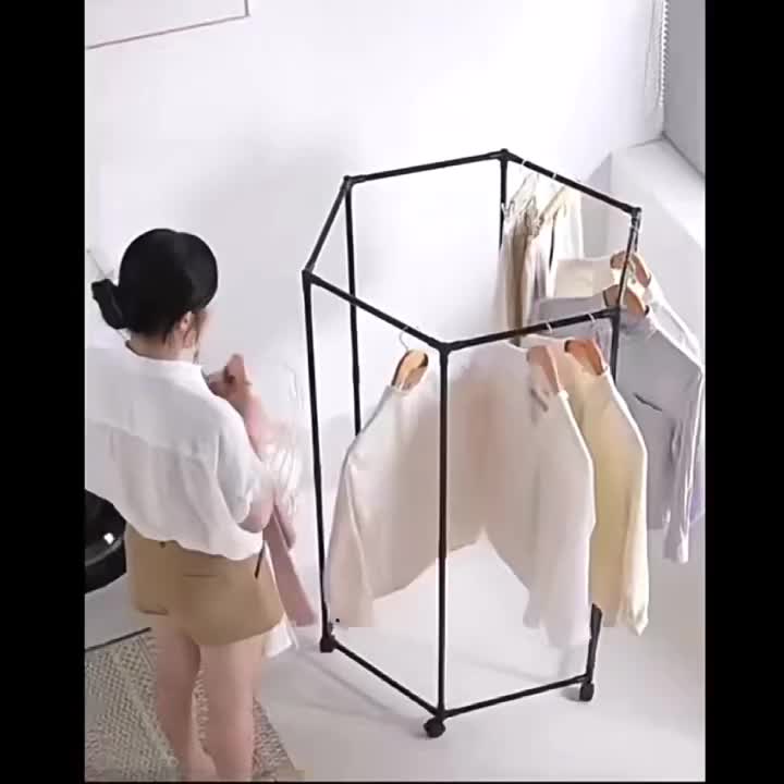 Rotating Clothing Rack with Wheels, Heavy Duty Metal Garment Rack for Hanging Clothes, Multifunctional Rotating Clothing Organizer, Freestanding Closet Organizer for Bedroom, Laundry Room, Space Saving Closet Storage for Coats, Dresses, Pants