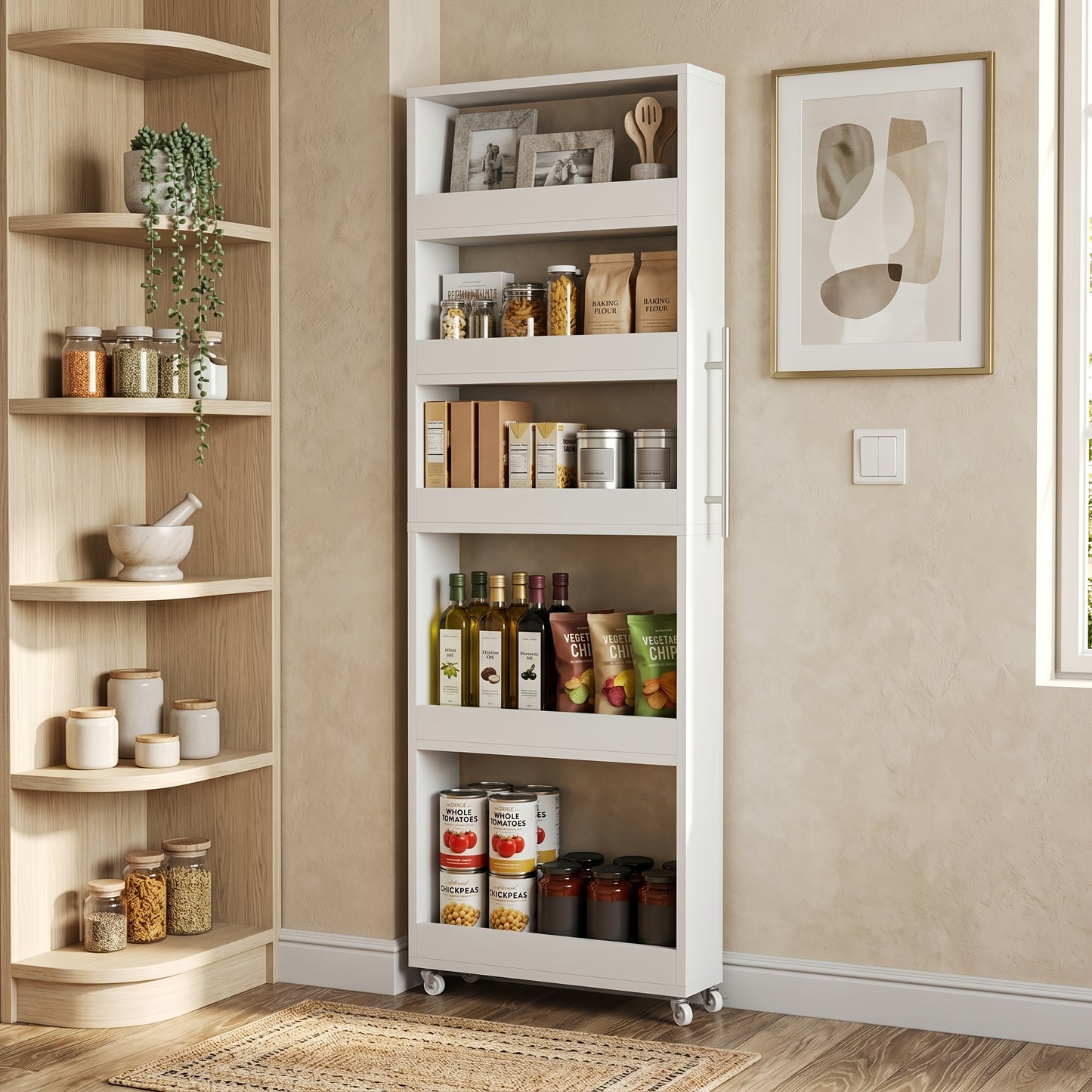 Slim Storage Cart with 4-Tier Slide Out Shelves, Rolling Narrow Utility Cart on Wheels for Small Spaces, Kitchen, Bathroom, Laundry Room, Rustic Design with Handle