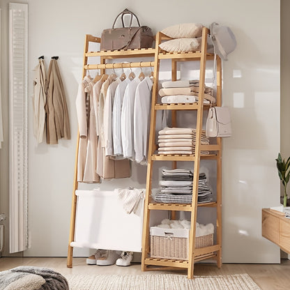 A multi capacity storage rack with brown and brown options, equipped with 5 side storage racks. A hat rack with shelves and bags is suitable for home storage, and a side hat hook is suitable for bedroom and hat room storage Specifications: with bag or wit