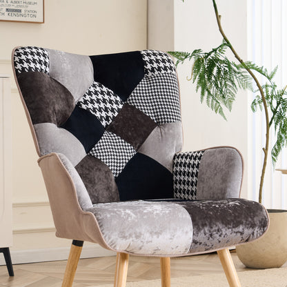 Patchwork Accent Chair High Back Armchair with Memory Foam Cushion & Hardwood Legs – 330 lbs Capacity Linen Upholstered Reading Chair for Living Room Bedroom Home Office, 6 Colors