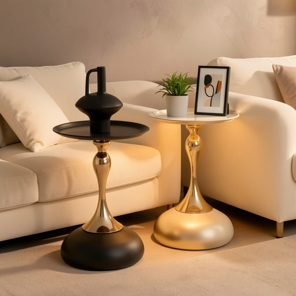 Round Side Table Metal Pedestal Accent Table | Minimalist Compact Bedside Table for Bedroom, Living Room, Apartment & Dorm | Small Space Furniture, Easy Assembly | White or Black