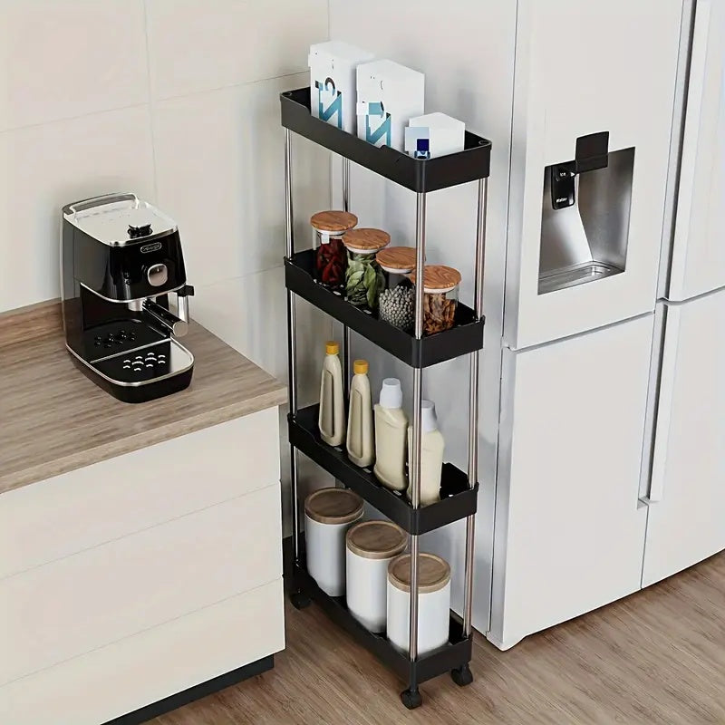 1pc 3/4-Tier Slim Mobile Storage Cart with Rolling Cart & Adjustable Shelves - Heavy-Duty Plastic Shelving Unit Suitable for Bathroom,, Office - Easy Assembly, Space-Saving Rolling Shelf