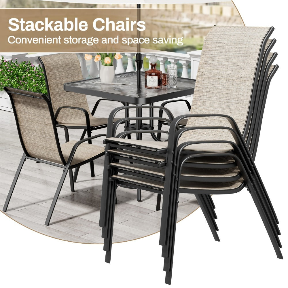Patio Dining Set 5 Piece Stackable Textilene Chairs Glass Table All-Weather Outdoor Furniture for Courtyard Garden Lawn Backyard Poolside with Umbrella Hole