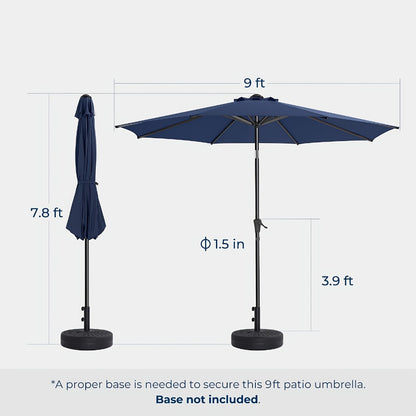 9ft Patio Umbrella UPF50+ 220GSM Solution-Dyed Fabric Push Button Tilt & Crank – 8 Steel Ribs Vented Canopy for Garden Deck Backyard Pool (Beige, Red, Dark Blue)