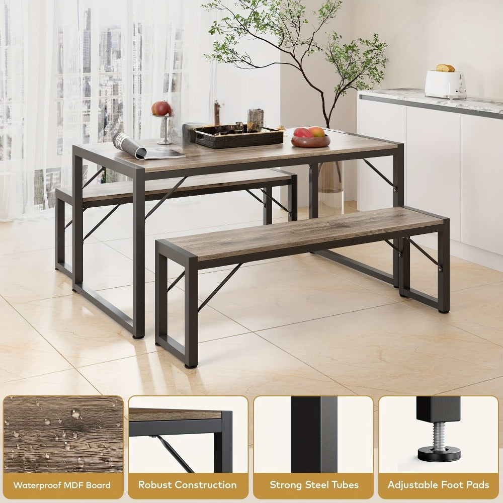 Dining Table Set for 4 with 2 Benches, 45.5" Space-Saving Dinette with Metal Frame & MDF Board for Kitchen & Dining Room, Retro Modern Style - Black/Gray