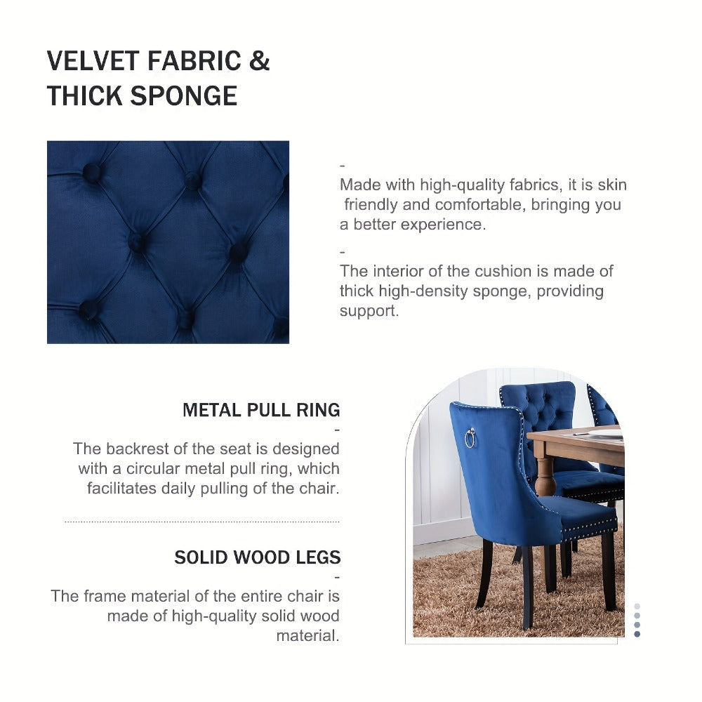 Velvet Wingback Dining Chairs Set of 2 with Tufted Button Back and Ring Pull Trim - Luxury Upholstered Chairs for Dining Room Living Room and Bedroom