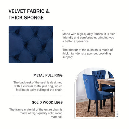 Velvet Wingback Dining Chairs Set of 2 with Tufted Button Back and Ring Pull Trim - Luxury Upholstered Chairs for Dining Room Living Room and Bedroom