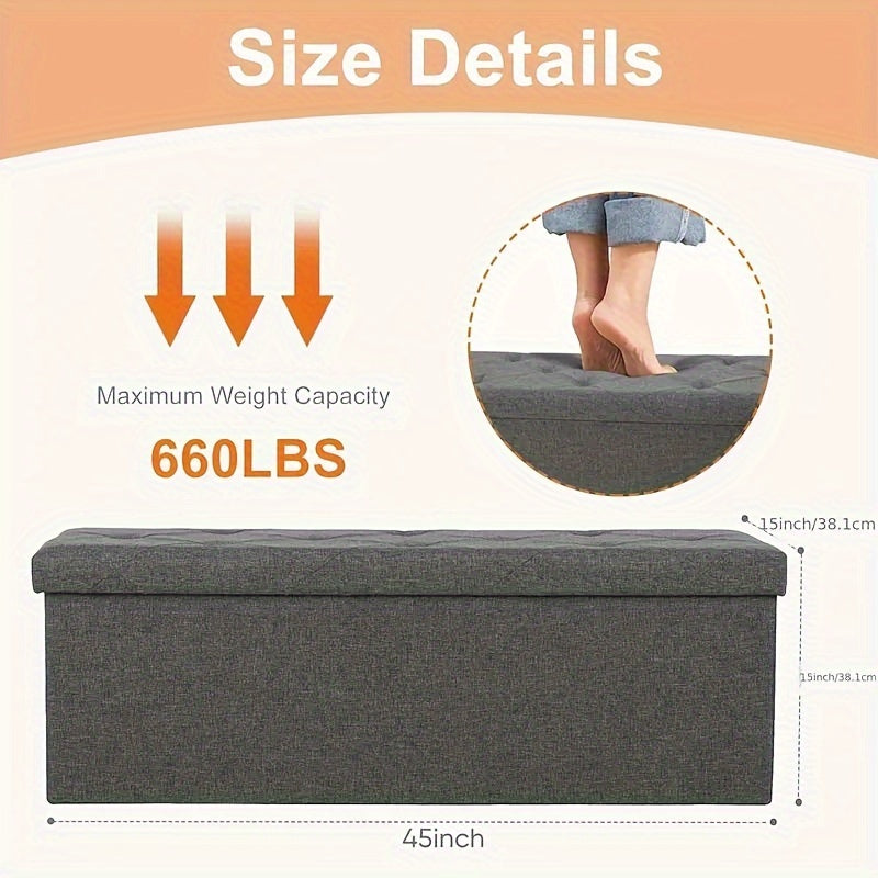 43-Inch Large Folding Storage Ottoman Bench with Padded Seat - Heavy-Duty Footrest & Hidden Compartment, Grey End of Bed Stool for Bedroom/Living Room, Entryway, Holds 660 Lb - Space-Saving Furniture Suitable for Bedroom, Living Room, Entryway