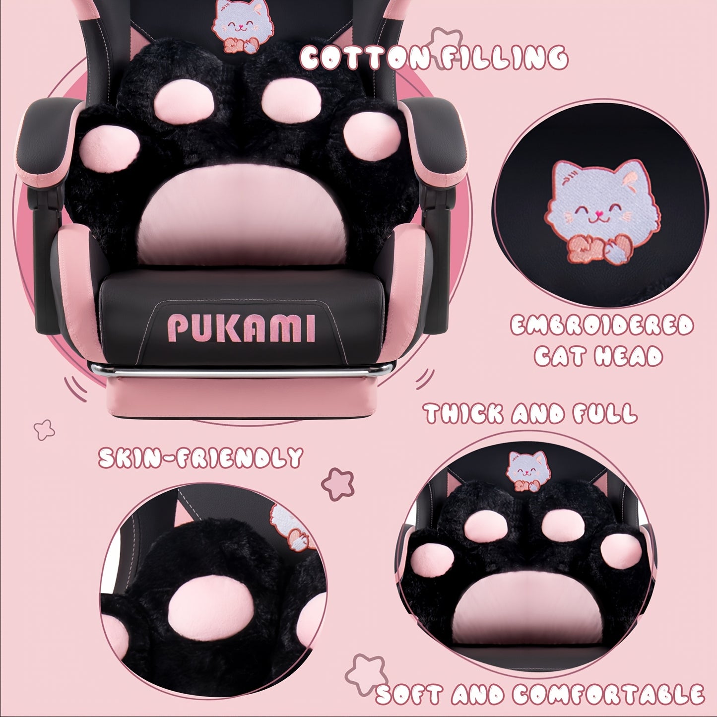 Gaming Chair with Cat Ears, Cute Computer Chair for Girl with Footrest, Ergonomic Gamer Chair, Kawaii Gaming Chair, Reclining Game Chair with Lumbar Support for Adult, Teen
