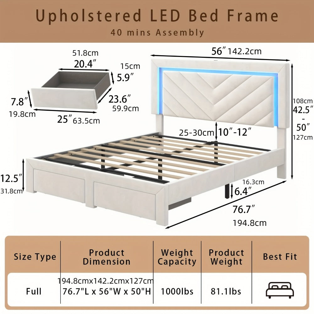 Upholstered Platform Bed Frame with LED Adjustable Headboard, Storage Drawers and Charging Station, No Box Spring Needed, Noise Free, Twin Full Queen, Off White Grey