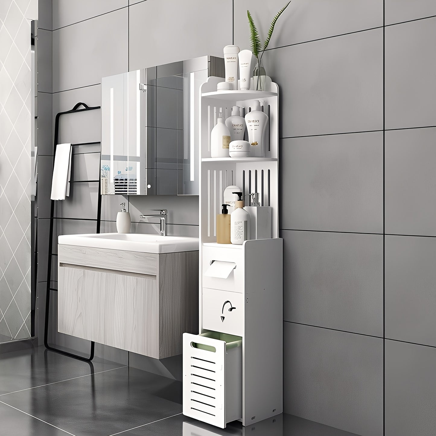 Space-Saving Bathroom Cabinet, 1pc Waterproof Multifunctional Corner Bathroom Storage Cabinet, Freestanding Narrow Space-Saving Organizer with Toilet Paper Holder Stand, Holiday Gift And Home Accessory, Toiletry Organization, Easy Assembly