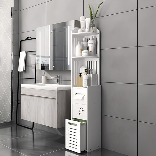 Space-Saving Bathroom Cabinet, 1pc Waterproof Multifunctional Corner Bathroom Storage Cabinet, Freestanding Narrow Space-Saving Organizer with Toilet Paper Holder Stand, Holiday Gift And Home Accessory, Toiletry Organization, Easy Assembly
