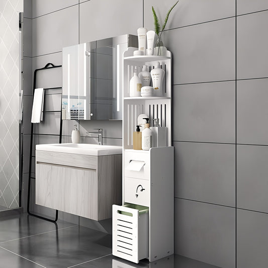 Space-Saving Bathroom Cabinet, 1pc Waterproof Multifunctional Corner Bathroom Storage Cabinet, Freestanding Narrow Space-Saving Organizer with Toilet Paper Holder Stand, Holiday Gift And Home Accessory, Toiletry Organization, Easy Assembly
