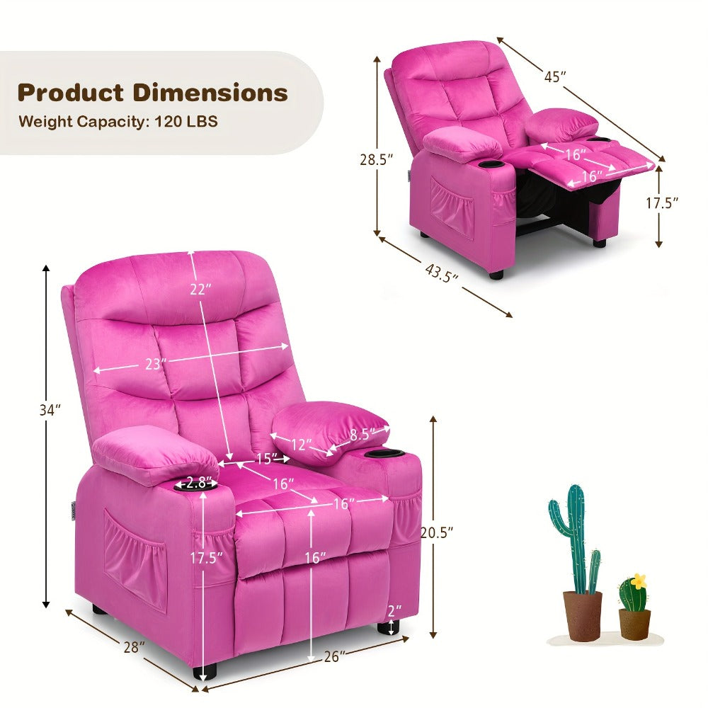 Girls' Pink Velvet Recliner Chair with Cup Holder & Storage Pocket - Heavy-Duty 300lb Capacity, Ergonomic Backrest & Armrests, Manual Recliner with Safety Belt - Modern Soft Cushioned Lounge Chair for Kids & Teens, Easy Assembly, Ideal for Bedroom, Living