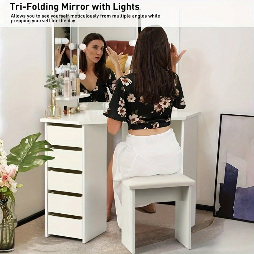 42" Corner Makeup Vanity Desk with Tri-Mirror, Lights & Outlet, 5 Sliding or Rotating Drawers, Stool Included – Dressing Table Set for Bedroom