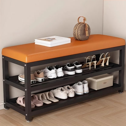 Entryway Shoe Bench with Cushion and Storage Rack, Metal Frame Shoe Changing Stool with Multi-Compartment Organizer for Foyer Bedroom, 24 or 32 Inch, Grey Orange