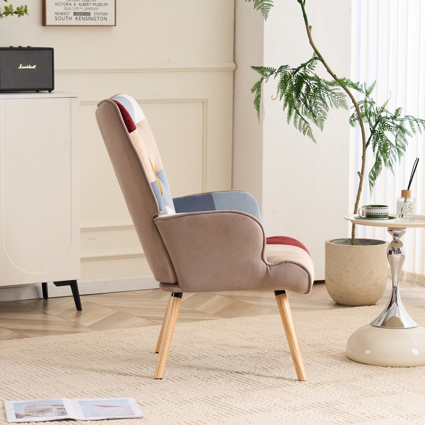 Patchwork Accent Chair High Back Armchair with Memory Foam Cushion & Hardwood Legs – 330 lbs Capacity Linen Upholstered Reading Chair for Living Room Bedroom Home Office, 6 Colors