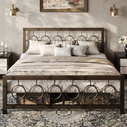 Metal Platform Bed Frame with Vintage Circular Design Headboard and Footboard Under Bed Storage No Box Spring Twin Full Queen King Black Brown