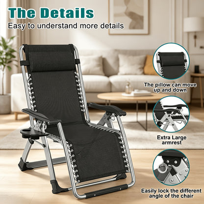 Portable Folding Chaise Lounge Chair, Outdoor Lawn Recliner with Removable Cushion, Headrest & Cup Holder, Heavy Duty Patio Reclining Chair Supports 440 Lbs