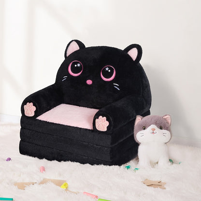 Kids Sofa 2-In-1 Foldable Velvet Memory Foam Chair Black Pink Cat Lounger for Reading Relaxing Playroom Furniture Girls Room Decor Cat Theme Bedroom