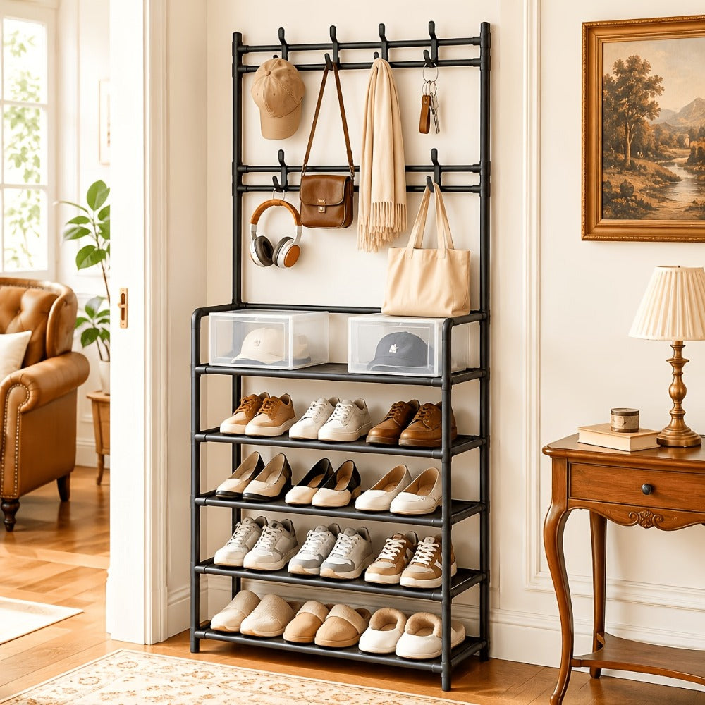 Entryway Shoe Rack with Coat Hooks Multifunctional 3 4 5 Tier Shoe Hat Organizer - Choose 5-Tier + 8 Hooks, 3-Tier Hat Rack, or 4-Tier + 10 Shoe Bags | Freestanding Black Rack for Home Dorm Hallway