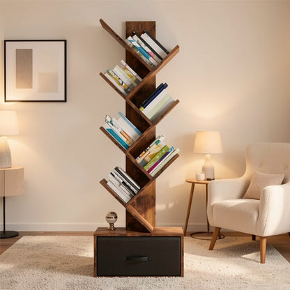 6-Tier Tree Shaped Bookshelf with Drawer – Rustic Brown Wood Book Storage Shelf for Living Room, Bedroom & Home Decor, Freestanding Display Organizer for Books, CDs & Movies