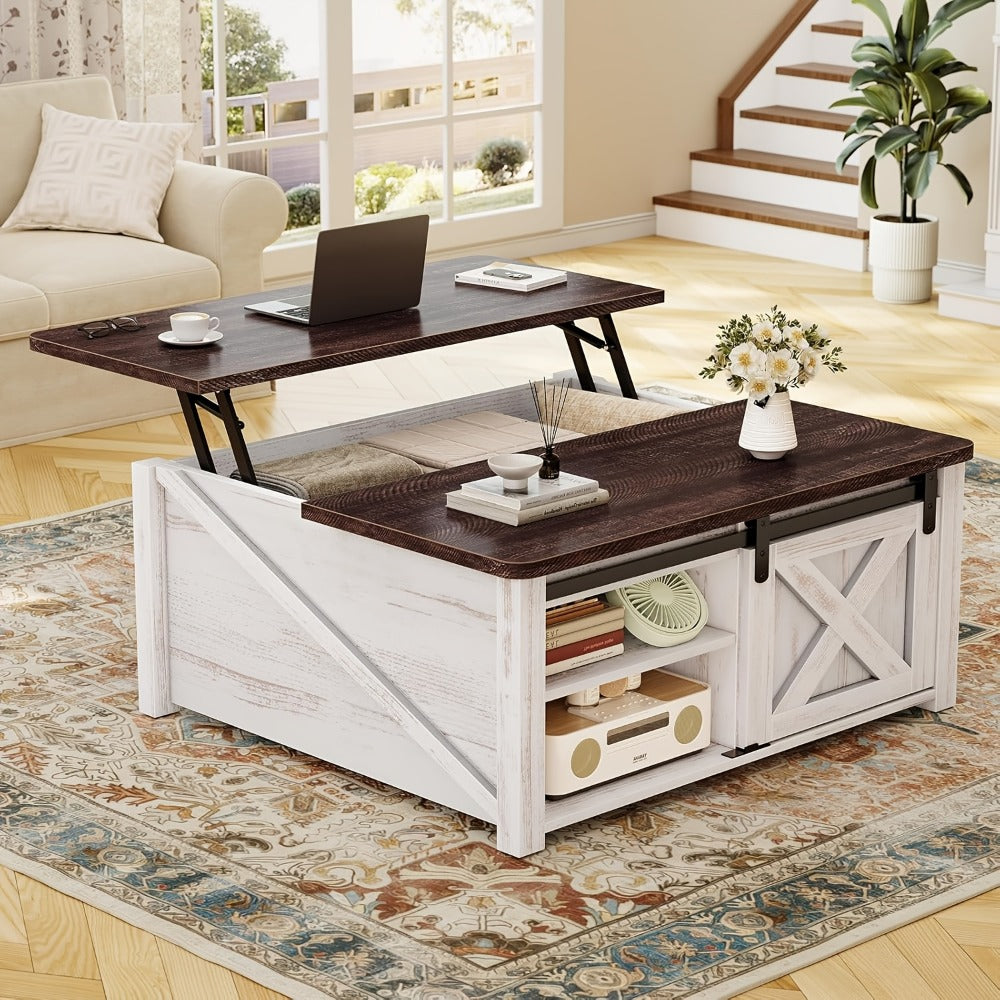 Square Lift Top Coffee Table with Hidden Storage – Farmhouse Design, Gas Strut Lift, Adjustable Shelves, 4 Open Compartments, Black/White/Grey/Blue