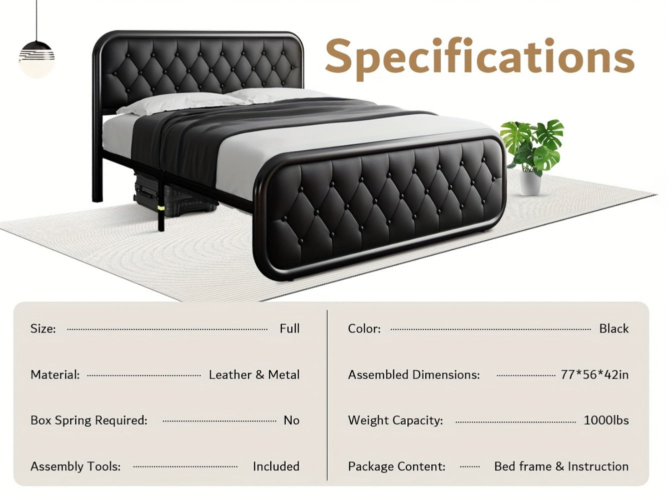 Metal Platform Bed Frame with Faux Leather Headboard Heavy Duty Steel Slats 12 Inch Under Bed Storage Space Easy Assembly Full Queen King Black