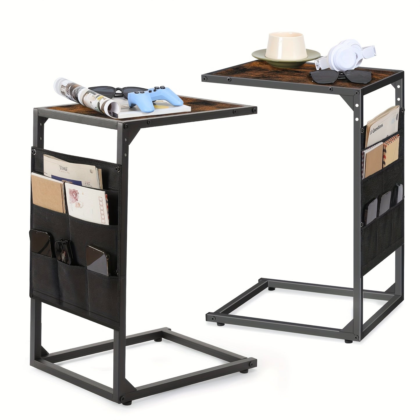 1pc/2pcs C Shaped End Table, 50LBS Capacity, Desktop Storage, Removable Table, Coffee Table Slides Under Sofa, Snack Table, Ideal for Home, Living Room, Sofa, Bedroom, Multifunctional Table, with or Without Charging Station & Storage Bag Options