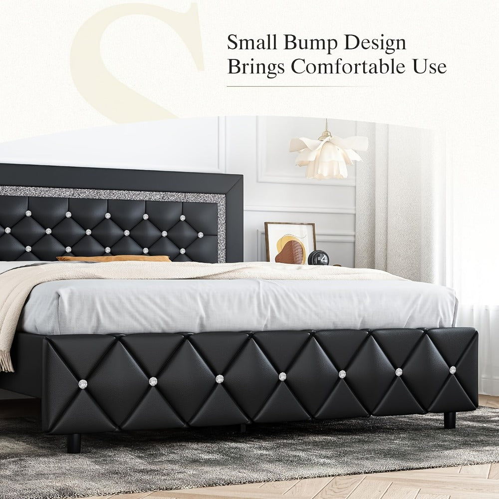 Upholstered Bed Frame with Diamond Tufted Headboard, Faux Leather Headboard and Footboard, Wooden Slat Support, No Box Spring Needed, Easy Assembly, Twin Full Queen King, Black