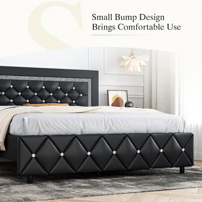 Upholstered Bed Frame with Diamond Tufted Headboard, Faux Leather Headboard and Footboard, Wooden Slat Support, No Box Spring Needed, Easy Assembly, Twin Full Queen King, Black