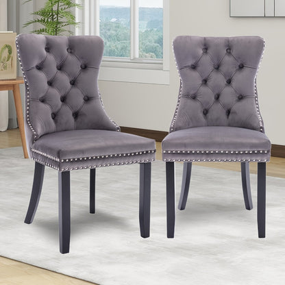 Velvet Wingback Dining Chairs Set of 2 with Tufted Button Back and Ring Pull Trim - Luxury Upholstered Chairs for Dining Room Living Room and Bedroom