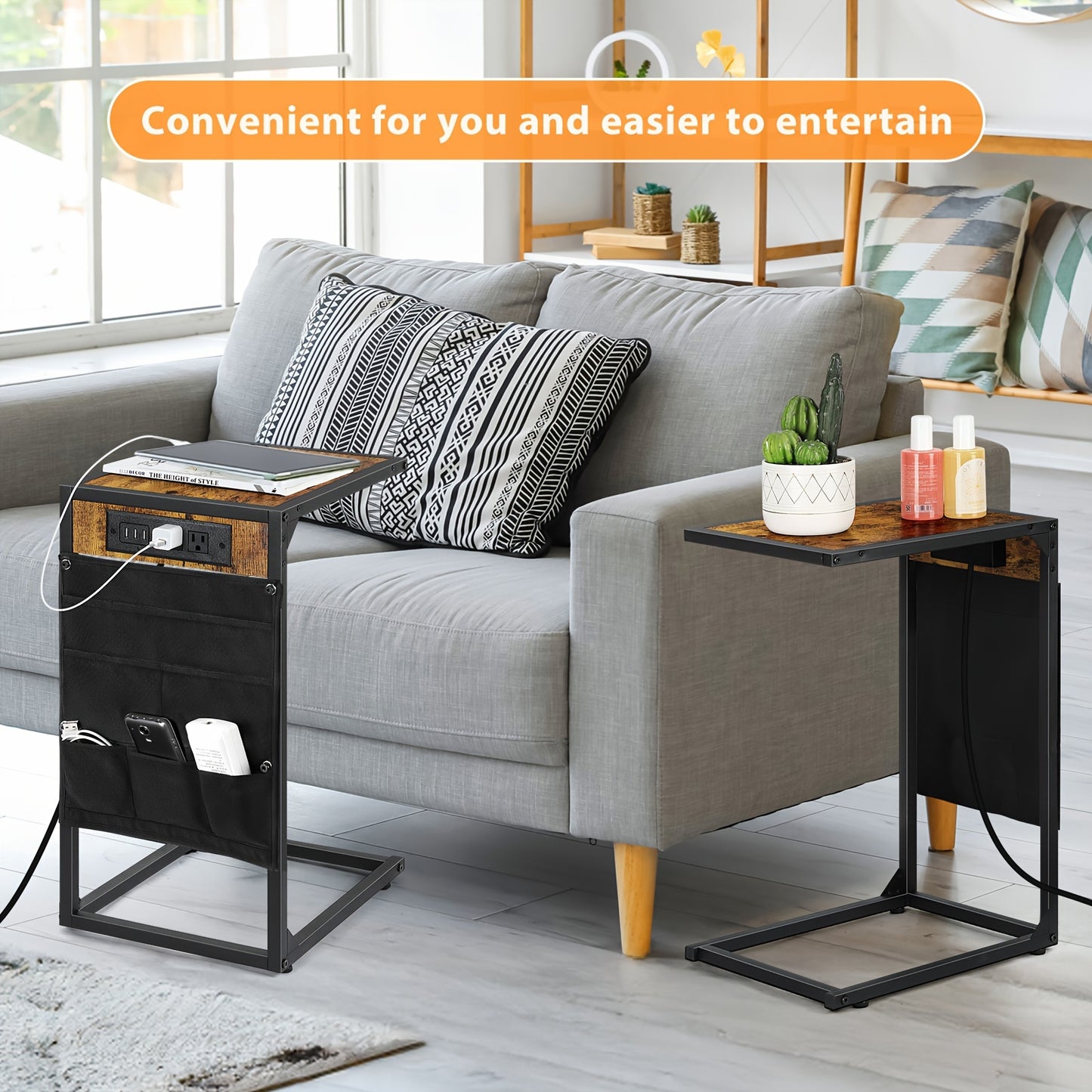 1pc/2pcs C Shaped End Table, 50LBS Capacity, Desktop Storage, Removable Table, Coffee Table Slides Under Sofa, Snack Table, Ideal for Home, Living Room, Sofa, Bedroom, Multifunctional Table, with or Without Charging Station & Storage Bag Options