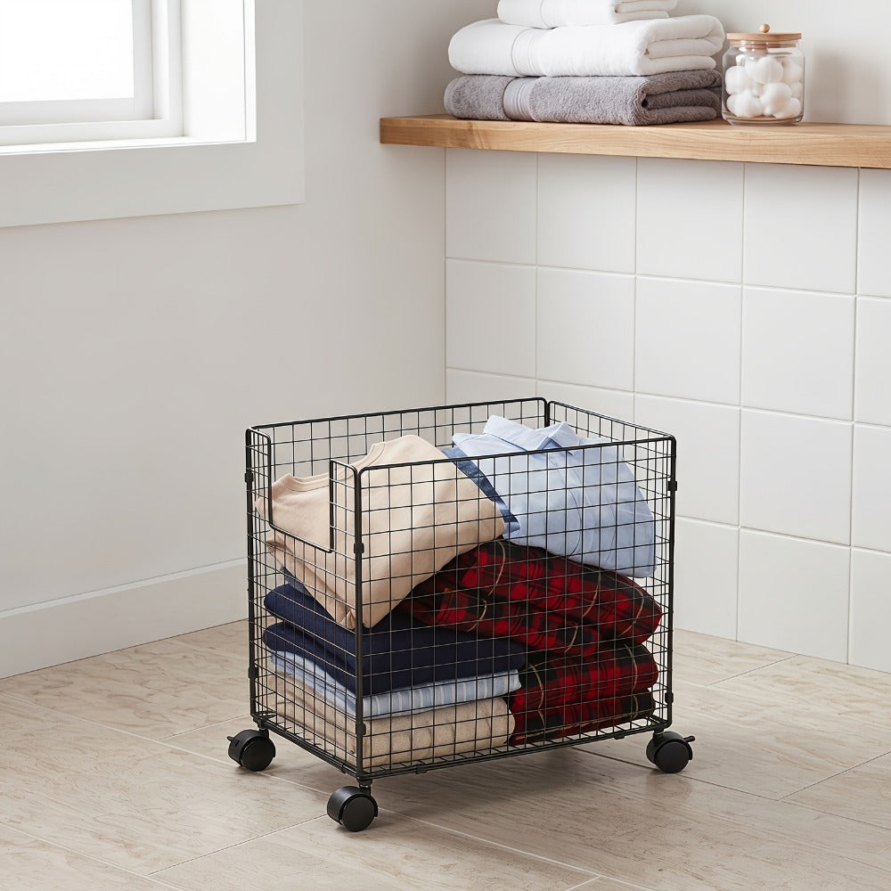 Metal Storage Basket with Wheels, Rolling Wire Organizer Bin for Laundry Bathroom Kitchen Pantry, Open Shelf Basket Home Organization Container No Lid