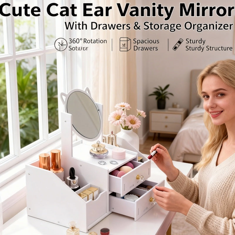 Elegant White Makeup Mirror with Storage Cabinet, Polished Surface, Space-Saving Design, Durable High-Quality Material, Sturdy Structure, Manual Assembly, Suitable for Cosmetics and Jewelry Storage