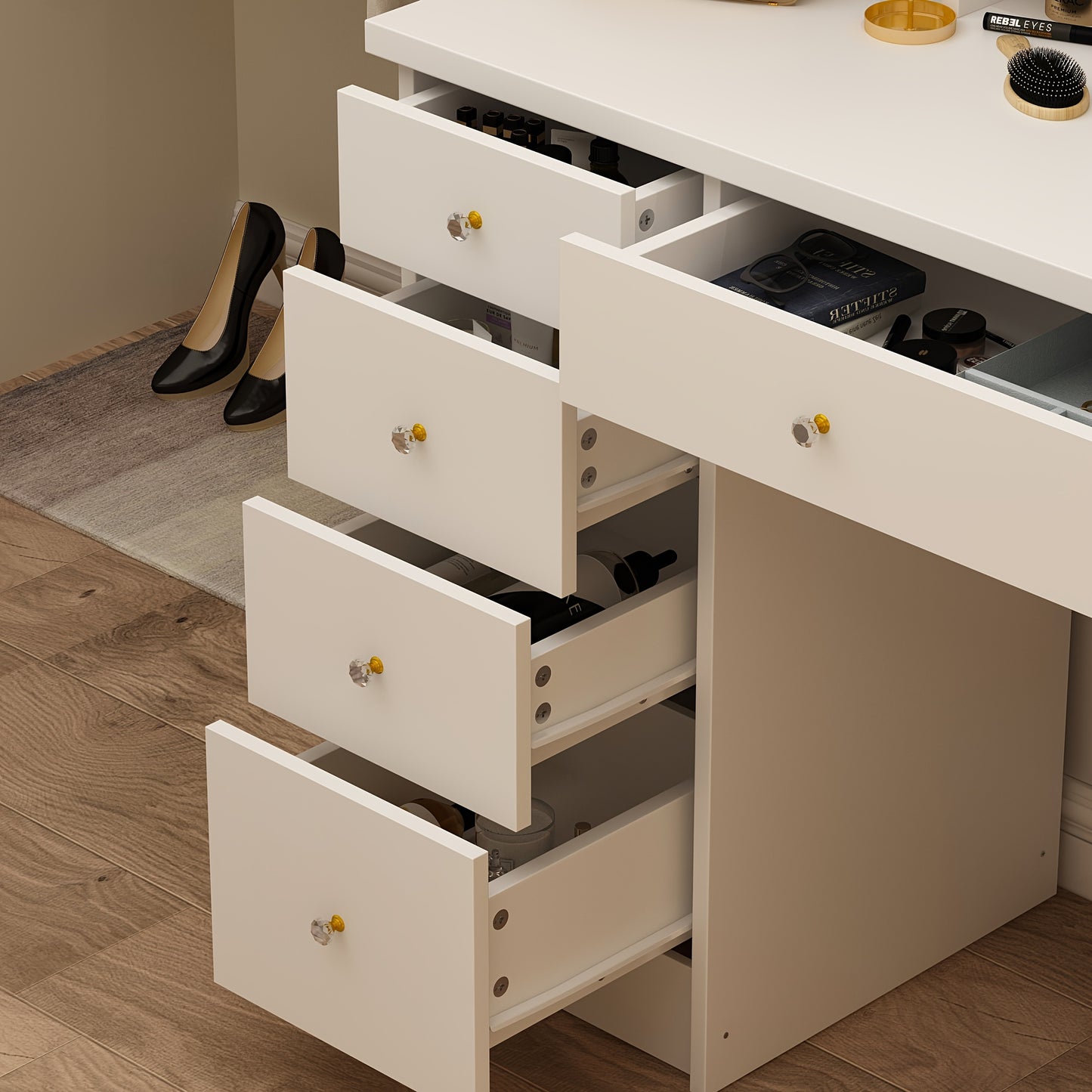 [Elegant Vanity Desk Set] Elegant Vanity Desk Set with Large Mirror, 5 Drawers And Storage Shelves, Makeup Vanity Dressing Table with Cushioned Stool, Strength And Style - 55.1" Tall, 31.5" Wide, Sturdy Design with 70 Lbs Desktop Capacity, Perfect for Mod