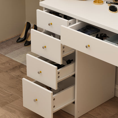 [Elegant Vanity Desk Set] Elegant Vanity Desk Set with Large Mirror, 5 Drawers And Storage Shelves, Makeup Vanity Dressing Table with Cushioned Stool, Strength And Style - 55.1" Tall, 31.5" Wide, Sturdy Design with 70 Lbs Desktop Capacity, Perfect for Mod