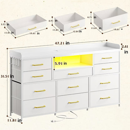 [Dresser TV Stand] Dresser TV Stand With 11 Drawers For 60" TV Stand For Bedroom With LED Lights & Power Outlets Long Dresser For Bedroom With Shelves & 4 Hooks Sturdy Metal Frame & Wood Top, White
