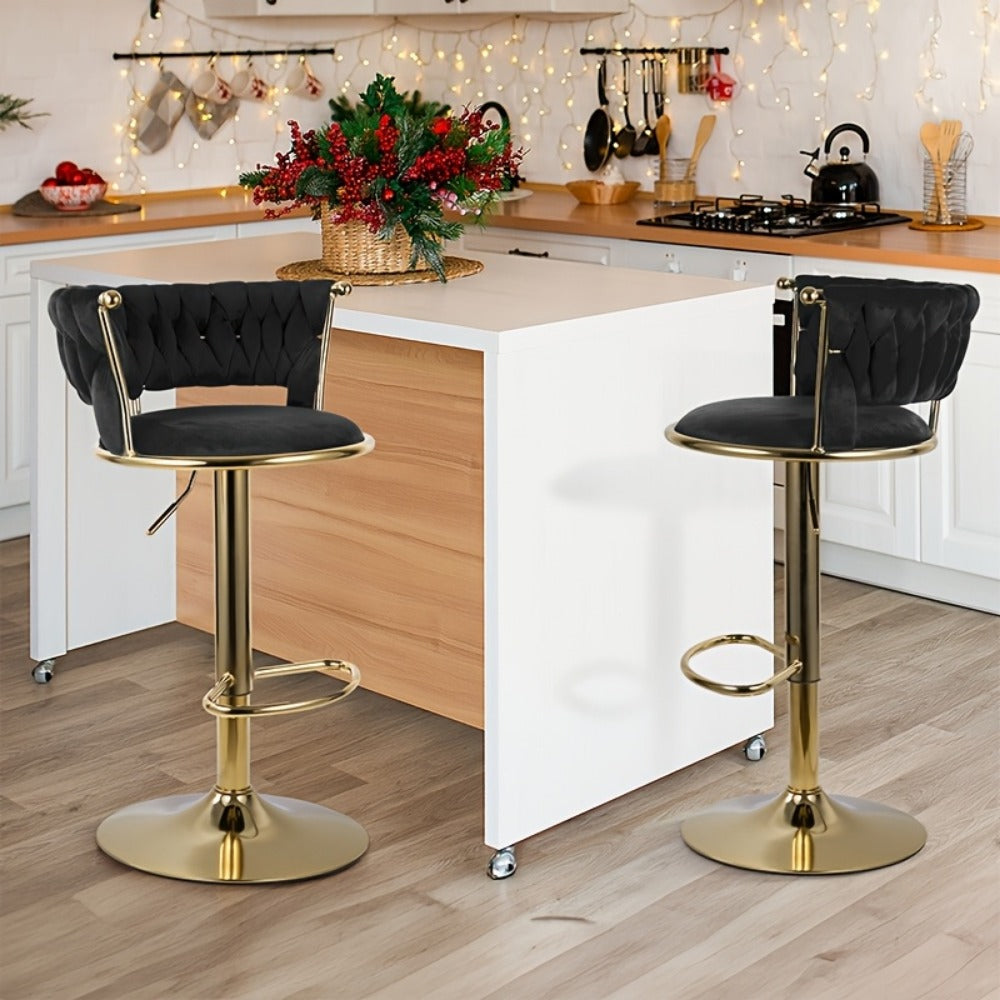 Velvet Bar Stools Set of 2 or 4 Swivel 360° Adjustable Height Counter Stools with Back Gold Metal Base Kitchen Island Dining Room Woven Velvet Black Beige Green