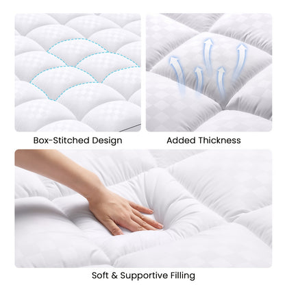 [Plush Quilted Cooling Pad] Cooling Mattress Topper Plush Quilted Pad with 8-21 Inch Deep Pockets, Overfilled with Breathable Polyester, Mattress Protector - Machine Washable 1200GSM