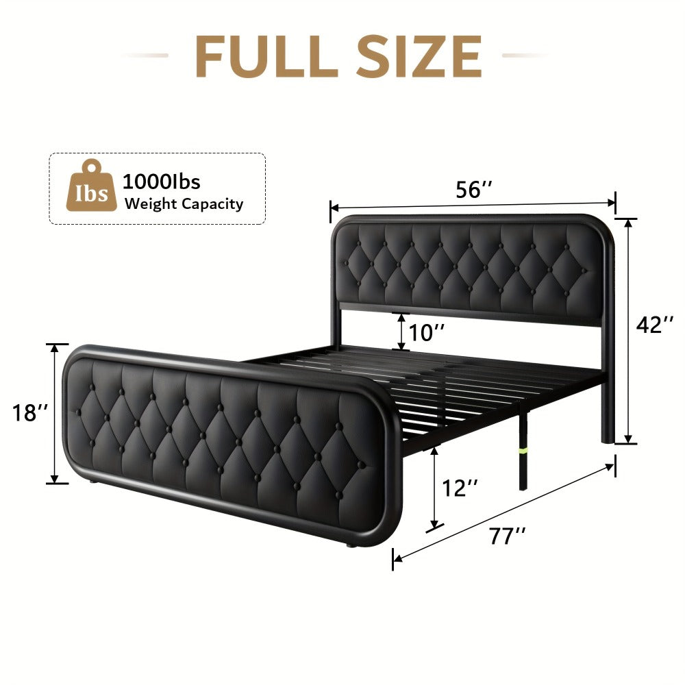 Metal Platform Bed Frame with Faux Leather Headboard Heavy Duty Steel Slats 12 Inch Under Bed Storage Space Easy Assembly Full Queen King Black